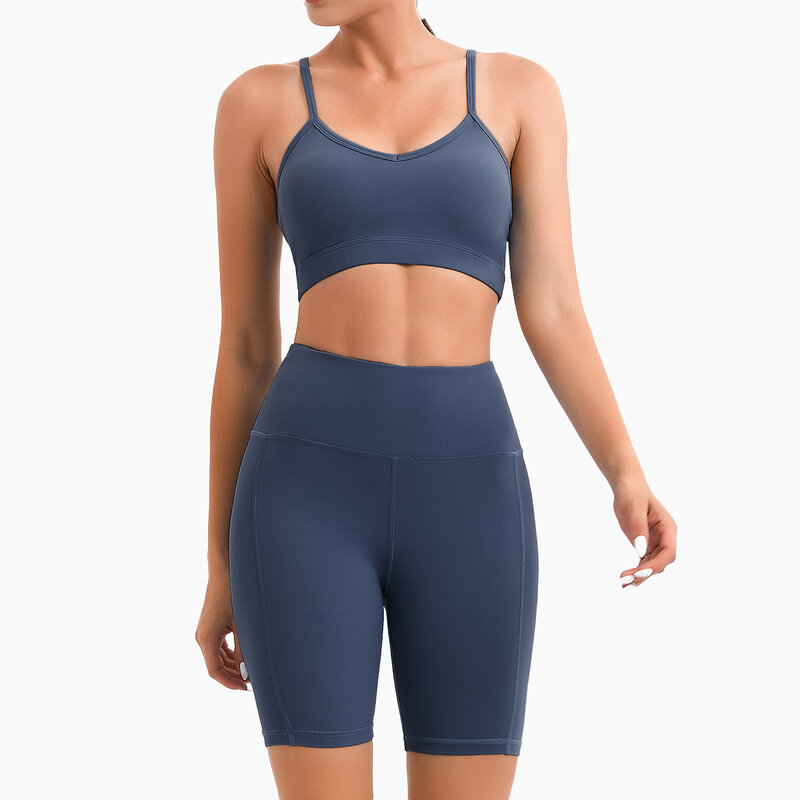 Set Yoga Solid Setelan Kebugaran Lari Wanita Bra Bersepeda Luar Ruangan Celana Pendek Olahraga Lari Pinggang Tinggi Celana Ketat Pakaian Olahraga Gym