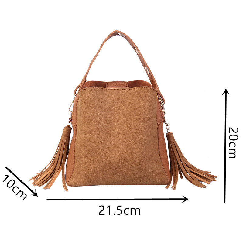 New Fashion Scrub Women Bucket Bag Vintage Tassel Messenger Bag High Quality Retro Shoulder Bag Simple Crossbody Bag Tote