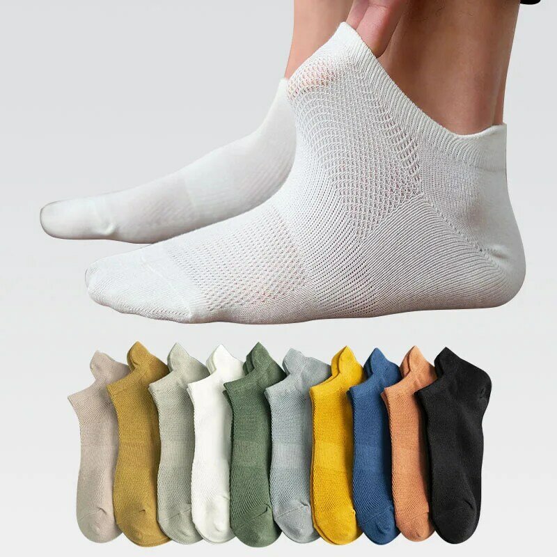 5 Pairs Man Katoen Korte Sokken Mode Ademend Mesh Mannen Comfortabele Effen Kleur Casual Enkelsok Pack Mannelijke Straat Fashions