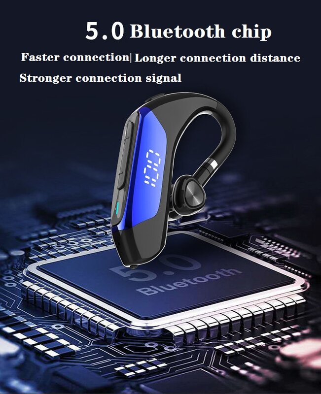 Auriculares inalámbricos de negocios con Bluetooth 5,0, audífonos de un solo oído con pantalla LED, modo de reposo ultralargo, audífonos