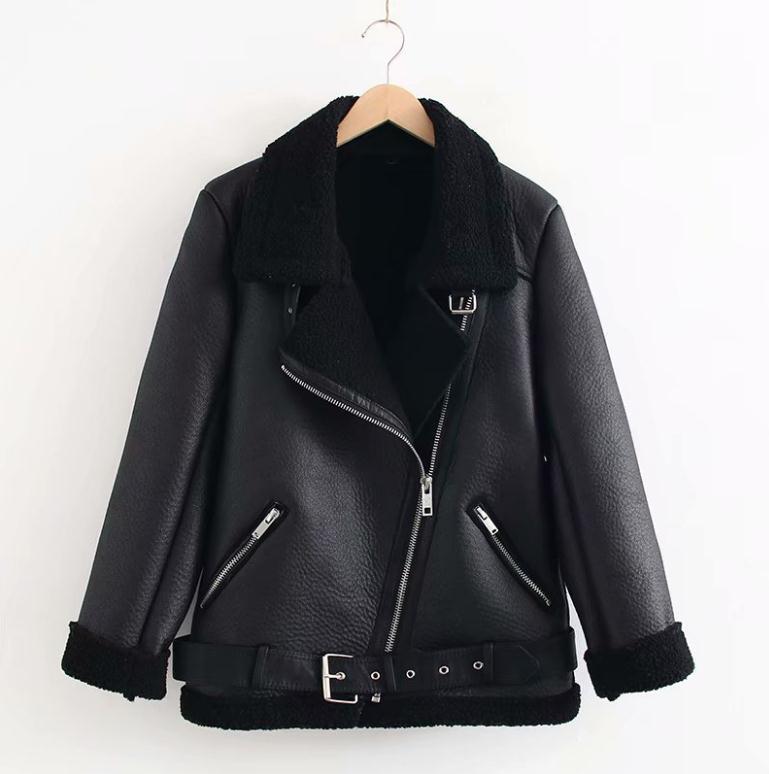 Женские осенне-зимние куртки из искусственной кожи с поясом и отложным воротником, толстые мотоциклетные куртки, теплые кожаные пальто K1309