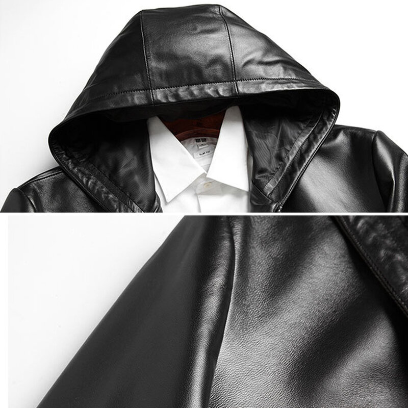 Chaquetas De piel auténtica para Hombre, abrigo suave con capucha y cremallera, a prueba De viento, color negro, 19480