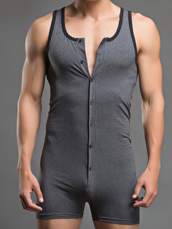 Man Sleeveless Bodysuit Sleepwear Skinny One-piece  Button Closure Leotard Jumpsuit Underwear
