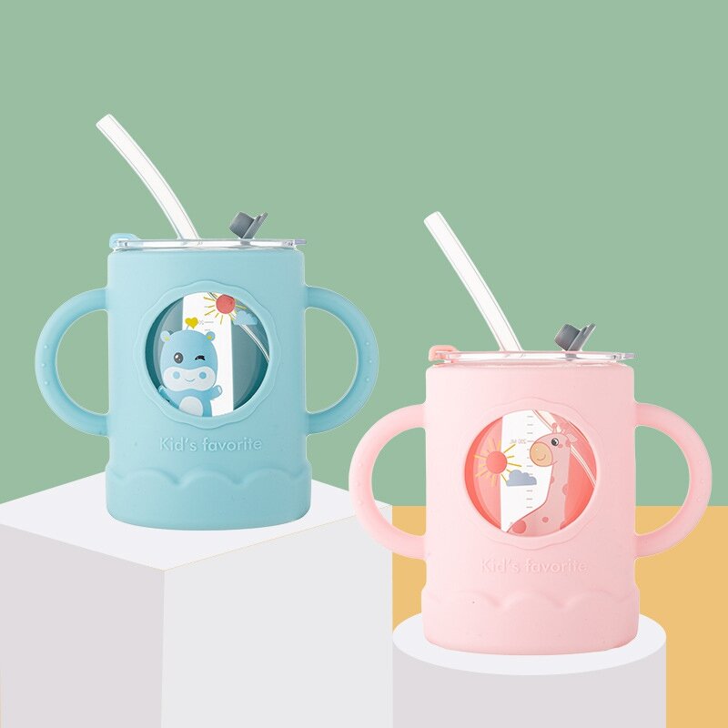 Bonito dos desenhos animados anti-escaldante copo de leite crianças drop-resistant microondas-calor leite em pó de palha garrafa de vidro bpa-livre