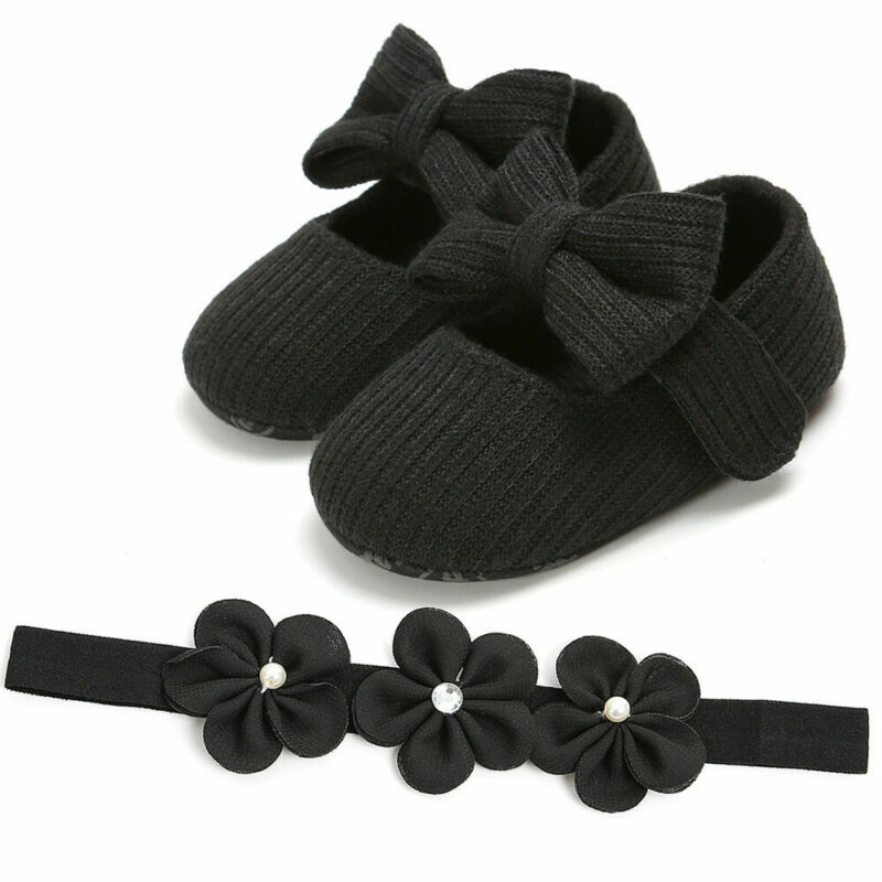 2020 Baby First Walkers Toddler Girl Crib Shoes Baby Bowknot Soft Sole Prewalker Dress Solid Shoes + Headband 2Pcs