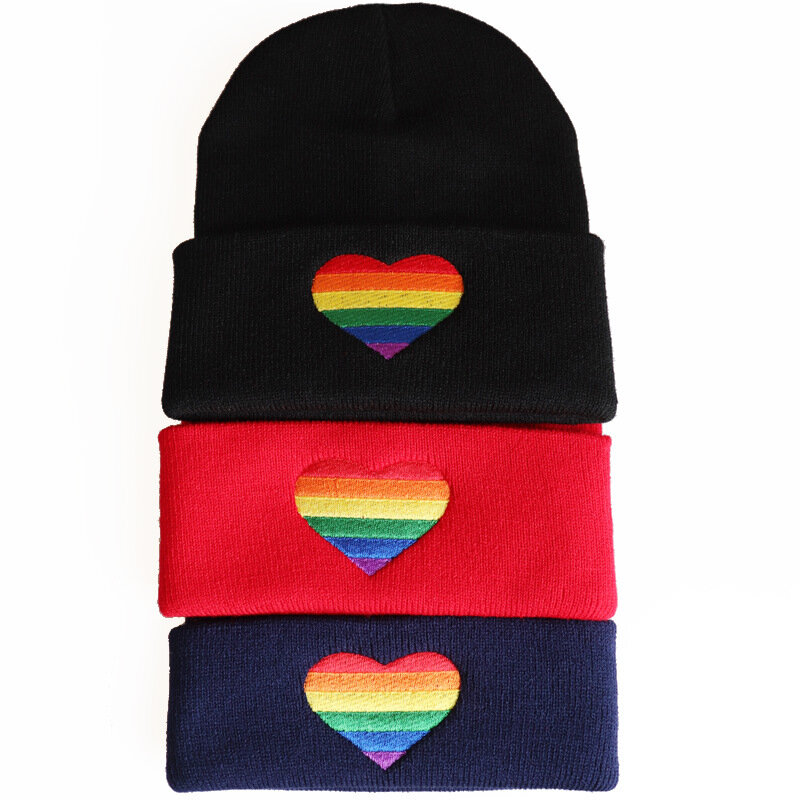 LGBTฤดูหนาวหมวกเย็บปักถักร้อยสีสันความรักรูปร่างBeanieสายรุ้งหัวใจถักHip Hopกลางแจ้งStreetwearอบอุ่นหมว...
