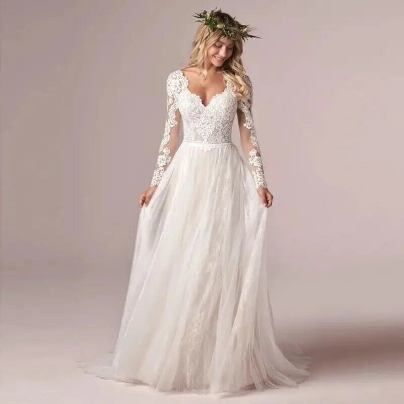 Gorgeous V-Neck long Sleeve Ivory Sweep Train Lace Illusion A Line Lace Open Back Wedding Dress Bride Gown Vestidos De Novia