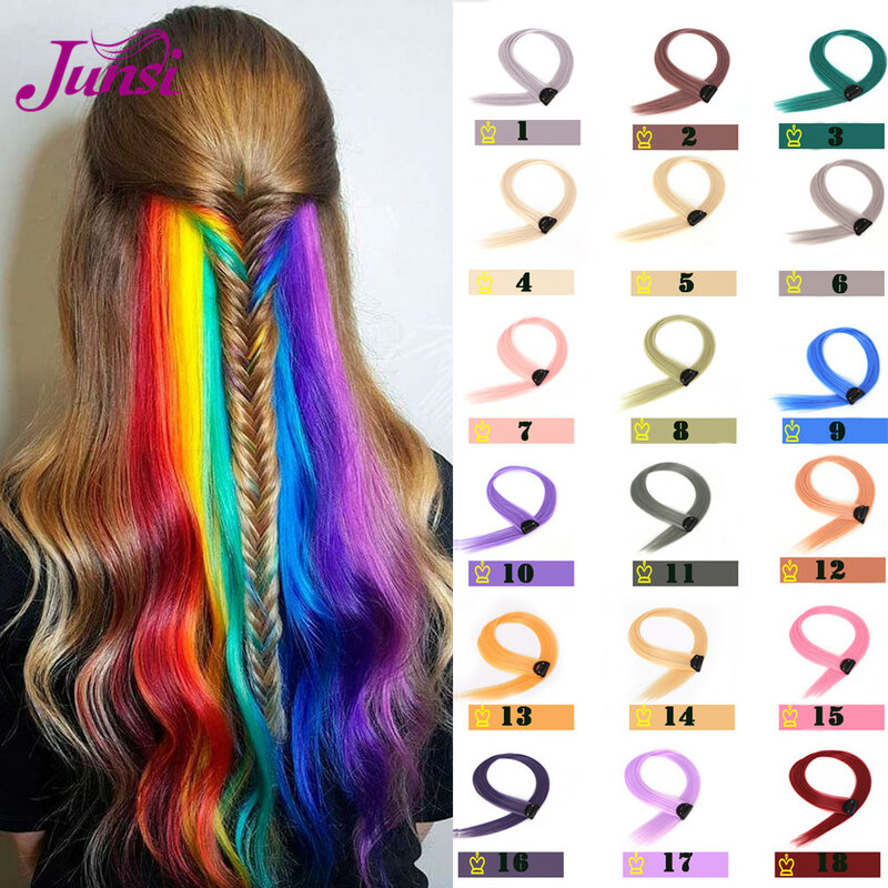 JUNSI 18 Colored Hair Strands Hair Extension Long Straight Female Hair Pieces Double Clip Style Heat Resistant Synthetic Bundles