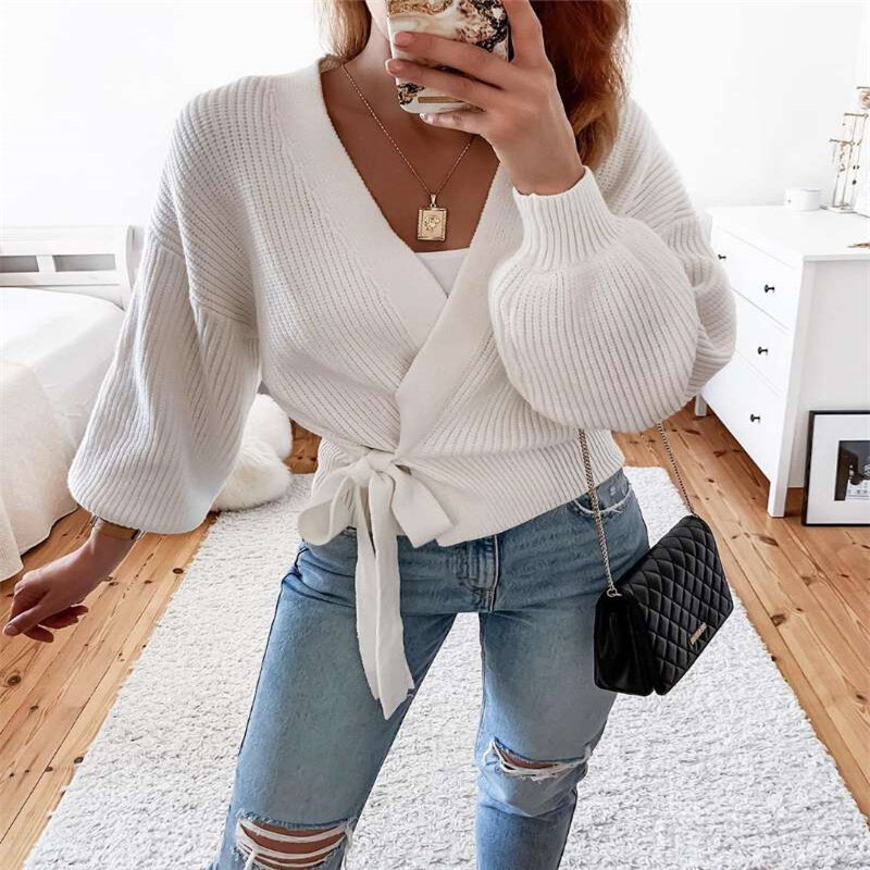 Autumn Women's Cardigan Sweater Solid Color V-Neck Lace Up Bow Jumpers Lattern Sleeve Loose Cardigan Female Knitted Coat