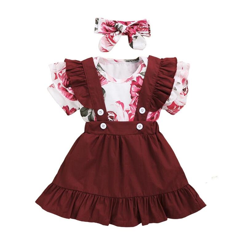 Комбинезон с короткими рукавами и цветочным рисунком для маленьких девочек + юбка на подтяжках + повязка на голову, комплект одежды