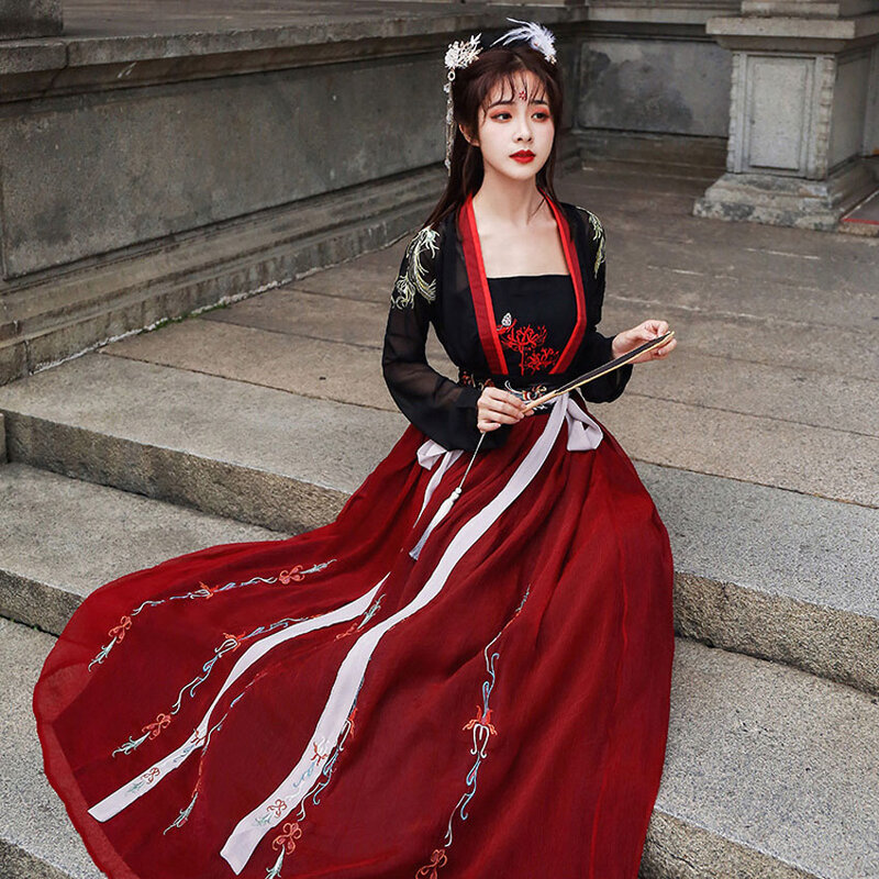 Pakaian Tradisional Cina untuk Wanita Kostum Tari Rakyat Peri Bordir Oriental Hanfu Pakaian Pertunjukan Panggung Hitam dan Merah