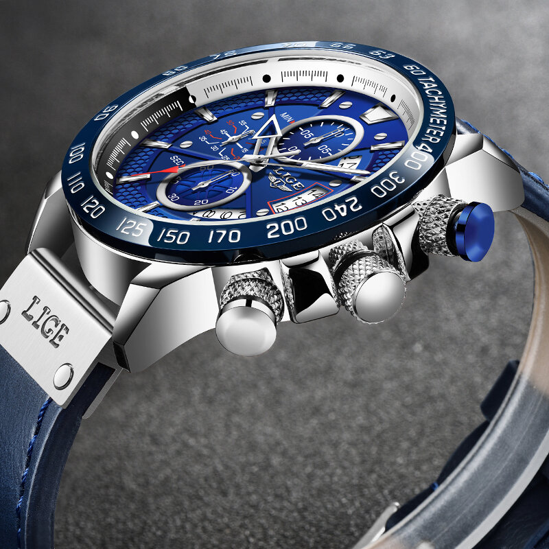 LIGE – montre en cuir véritable pour homme, marque de luxe, étanche, chronographe, décontractée