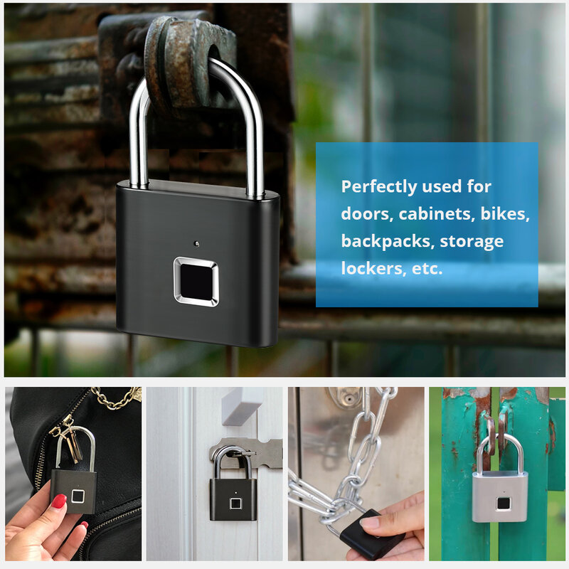 Keyless USB ชาร์จลายนิ้วมือล็อคกุญแจสมาร์ทประตูล็อค0.1sec ปลดล็อคแบบพกพา Anti-Theft ลายนิ้วมือกุญแจสังกะสี