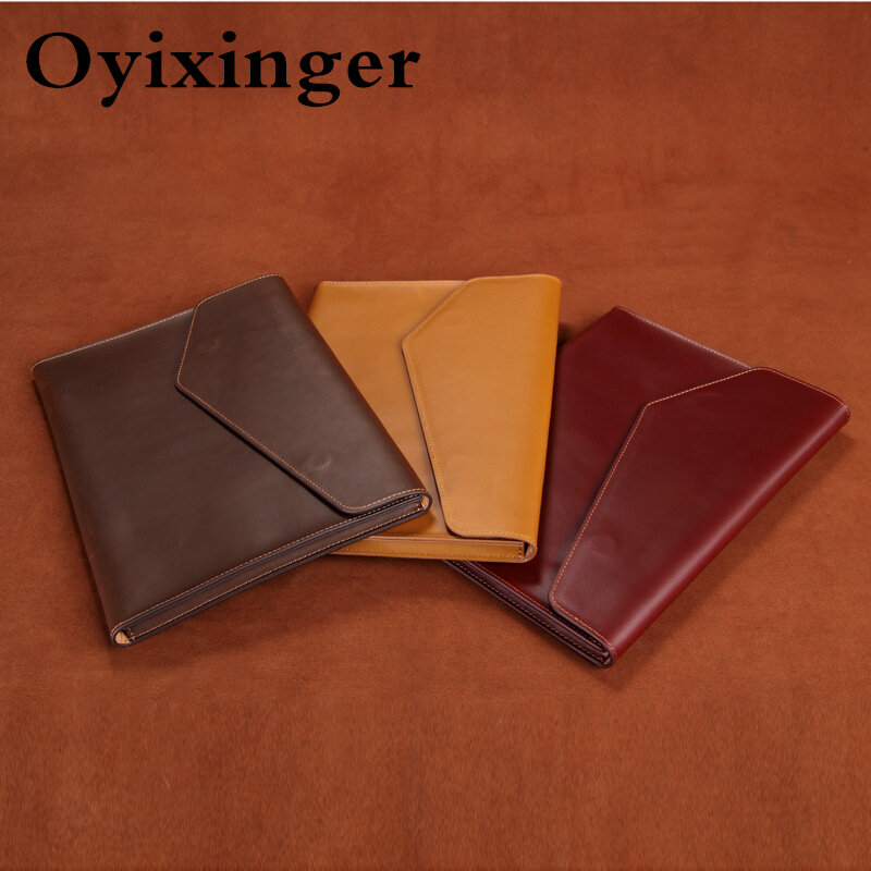 Oyixinger本革ブリーフケースユニセックスクレイジーホースオフィスクラッチカジュアル封筒ラップトップバッグ13.3インチmacbook lenovohp用