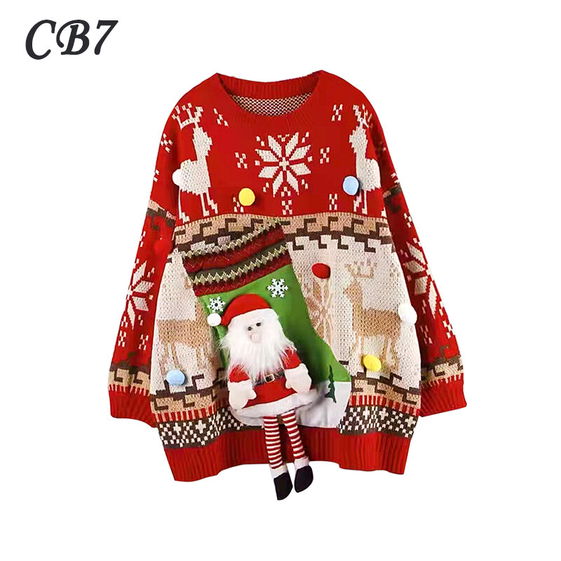 Свитер с принтом Санта Клауса, женский свободный пуловер с мультяшным принтом, свитер с круглым вырезом и рождественским принтом, топы, зимн...