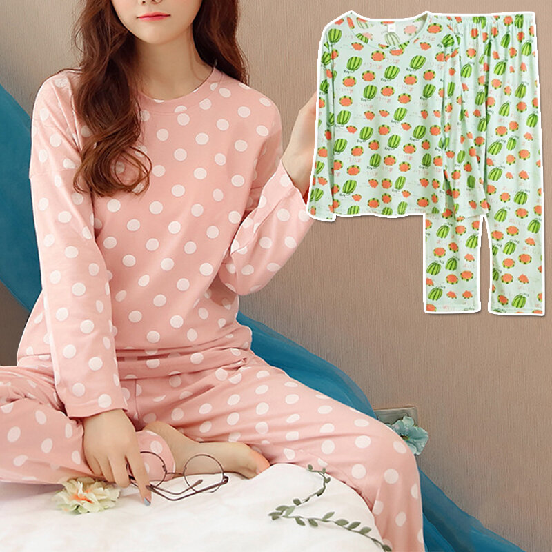 Womens Pajamas Cute Cotton Print Long Sleeve Sleepwear Pullover Trouser Suits Pijama Set Comfortable Girl Homewear Home Clothes