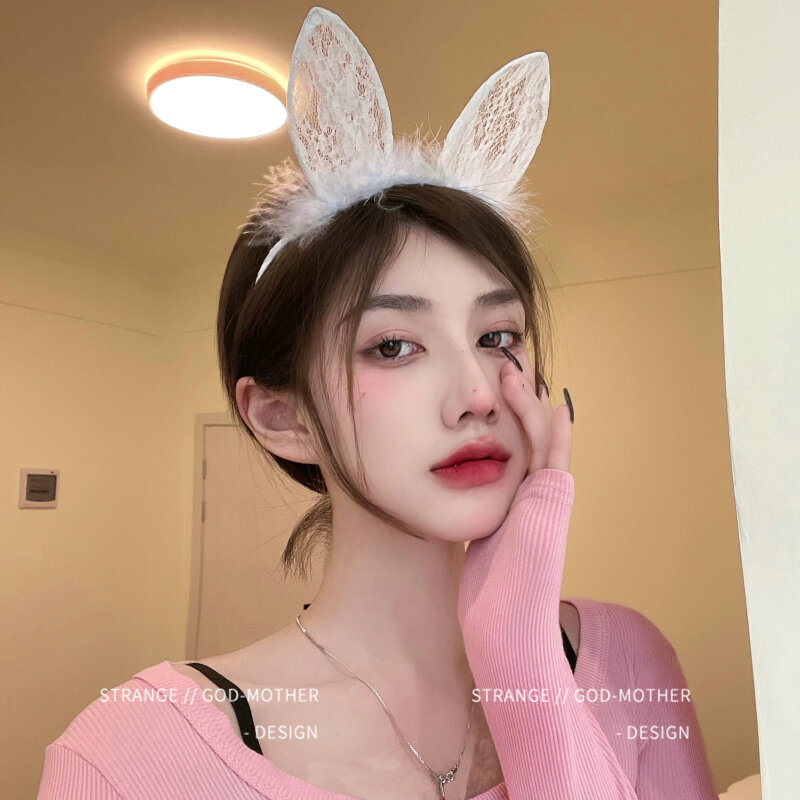 Cute Black and White Lace Cat Ears Headband Female Japanese Sexy Fur Rabbit Ear Headdress Cos Anchor Hair Accessories