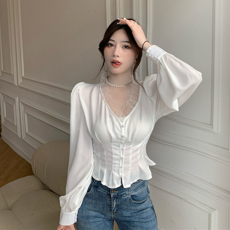 2021 가을 프랑스 새로운 패션 여성 쉬폰 레이스 블라우스 한국어 패션 세련된 슬림 섹시한 셔츠 v-목 화이트 프랑스 오피스 레이디