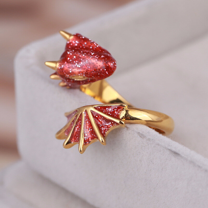 Złoty Topaz pierścień w kształcie smoka platerowany pierścień w kształcie smoka biżuteria z musujące różowy i biały emalia Monvatoo London