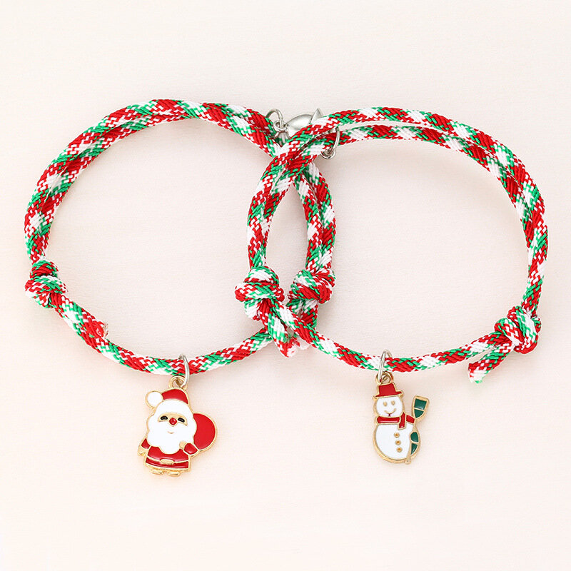 2pcs Couple Magnet Bracelet Set Christmas Santa Claus Enamel Charm Attraction Rope Couple Pendant Bracelet Xmas Jewelry 2022