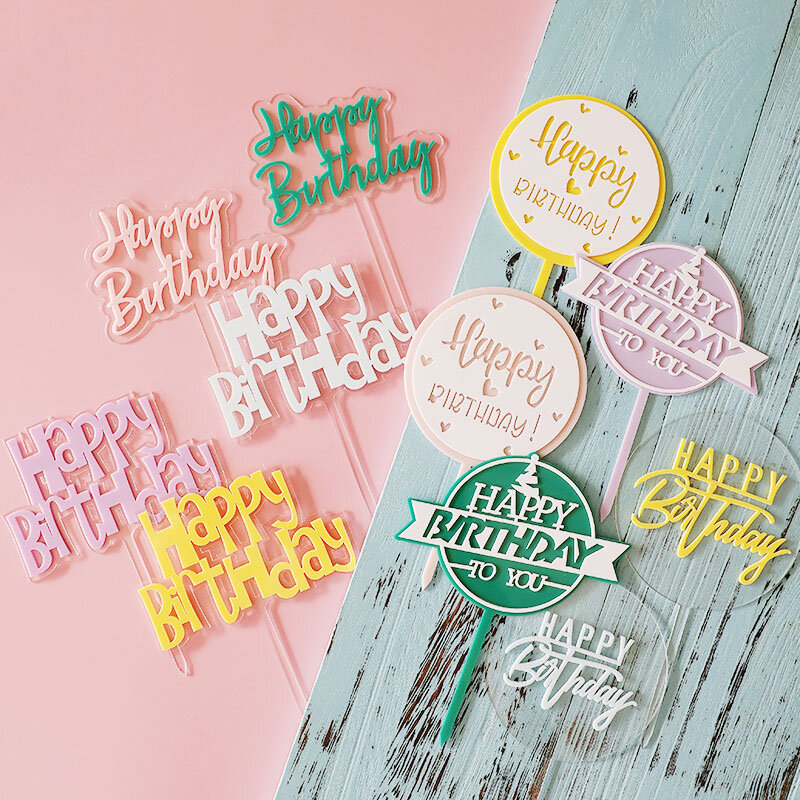 New Acrylic Birthday Party Cake Flags Topper Multi Color Happy Birthday Star Round For Girls Celebrate Dessert Cake Decoration