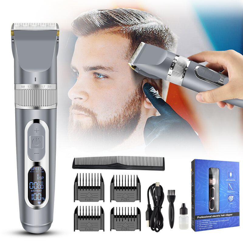 Display led máquina de cortar cabelo profissional lavada recarregável aparador elétrico para homens barba máquina corte com escova
