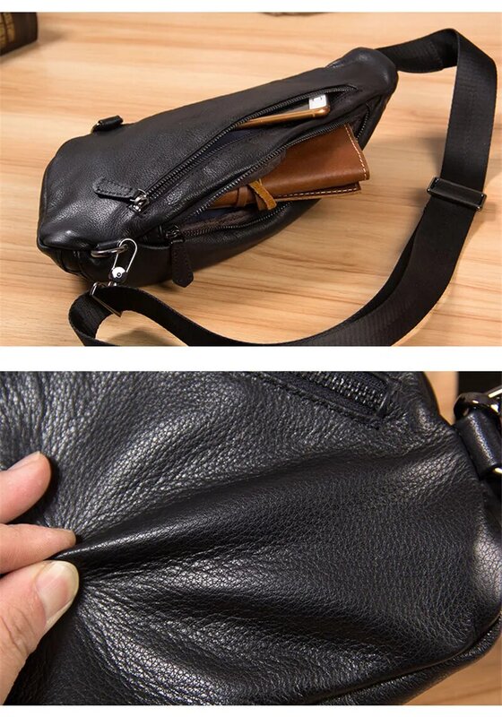 PNDME fashion casual genuine leather stitching design men's chest bag luxury natural real cowhide black shoulder cross-body bag