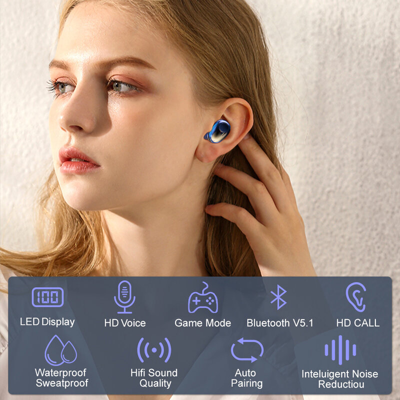 Mini intrauditivos auriculares con micrófono y caja de carga de 5,1 mAh, Auriculares inalámbricos con Bluetooth TWS, HIFI estéreo, 2200