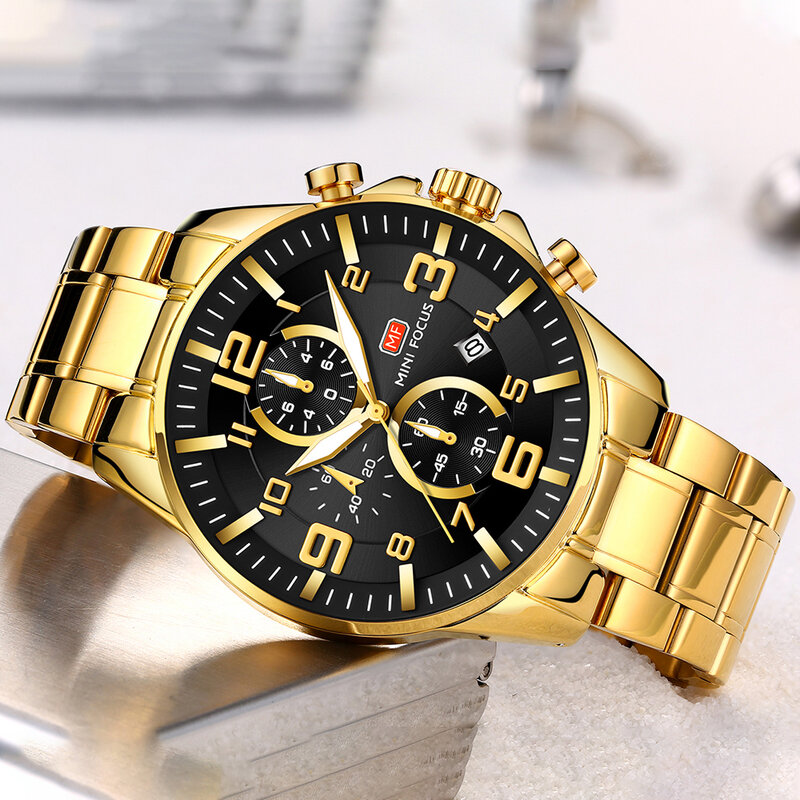 MINI นาฬิกา FOCUS Mens Luxury Gold นาฬิกา Chronograph นาฬิกา Pilot 1/10วินาที3 Dials สแตนเลส Relogio Masculino