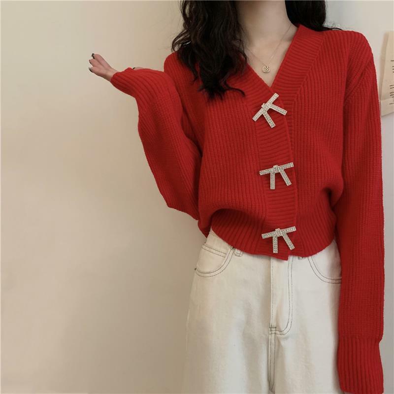 Kobieta czerwona z dzianiny sweter słodki łuk przycisk V Neck Solid Color długie rękawy luźne góra hurtownia nowych eleganckich kobiet ubrania
