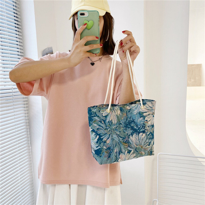 Borsa di tela di grande capacità donna Casual Art borse grandi borsa a tracolla in tela Tote Shopper femminile carina retrò