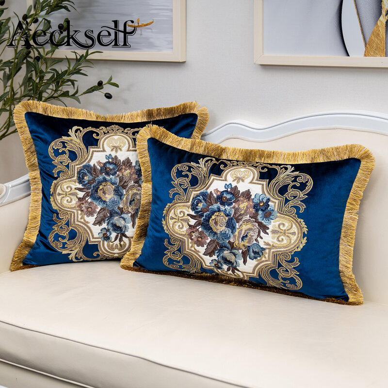 Aeckself – housse de coussin en velours brodée de roses, décoration de luxe pour la maison, bleu marine, or, gris, marron, blanc