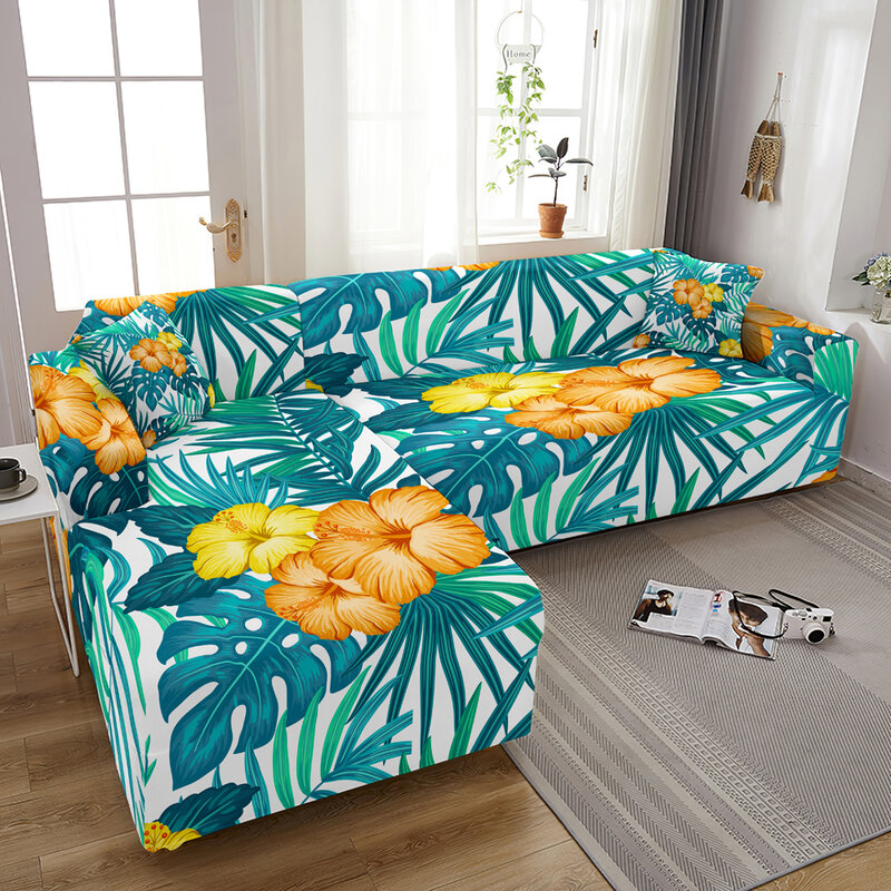 Leaf Print Slipcover Elastic Sofa Cover For Living Room Furniture Protector Corner Sofa Couch Cover Armchair Cover 1/2/3/4-Seat