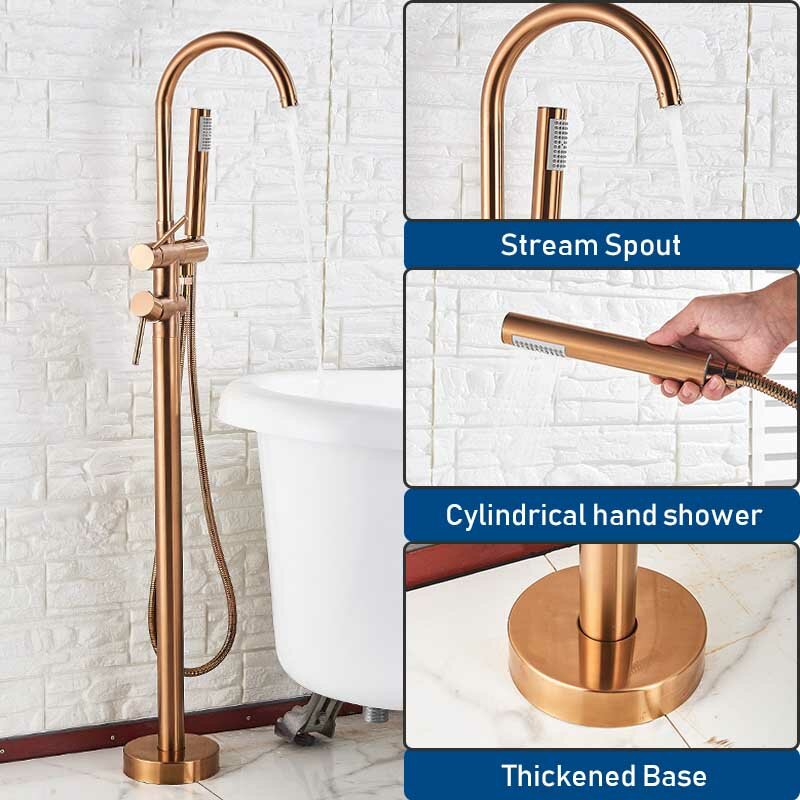 SHBSHAIMY Brushed Golden Bathtub Floor Stand Faucet Mixer Single Handle Tap Two Function 360 Rotation Spout With ABS Handshower