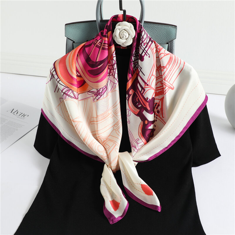 Druk kwiatowy satynowy jedwabny kwadratowy szalik kobiety hidżab chustka na szyję kobieta z pałąkiem na głowę torba Wrap i szal Turban Foulard 90cm
