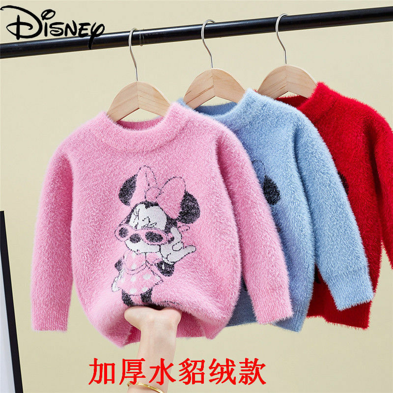 Disney cute kreskówka Minnie gruby norek sweter polarowy prosty i wygodny ciepły sweter wydłużony sweter dziecięcy sweter