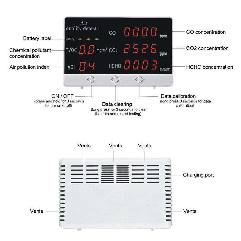 Multi-funktion Digital Display Indoor/Outdoor CO CO2 HCHO TVOC Detektor co2 meter Hohe Genauigkeit Air Qualität Monitor gas Detektor