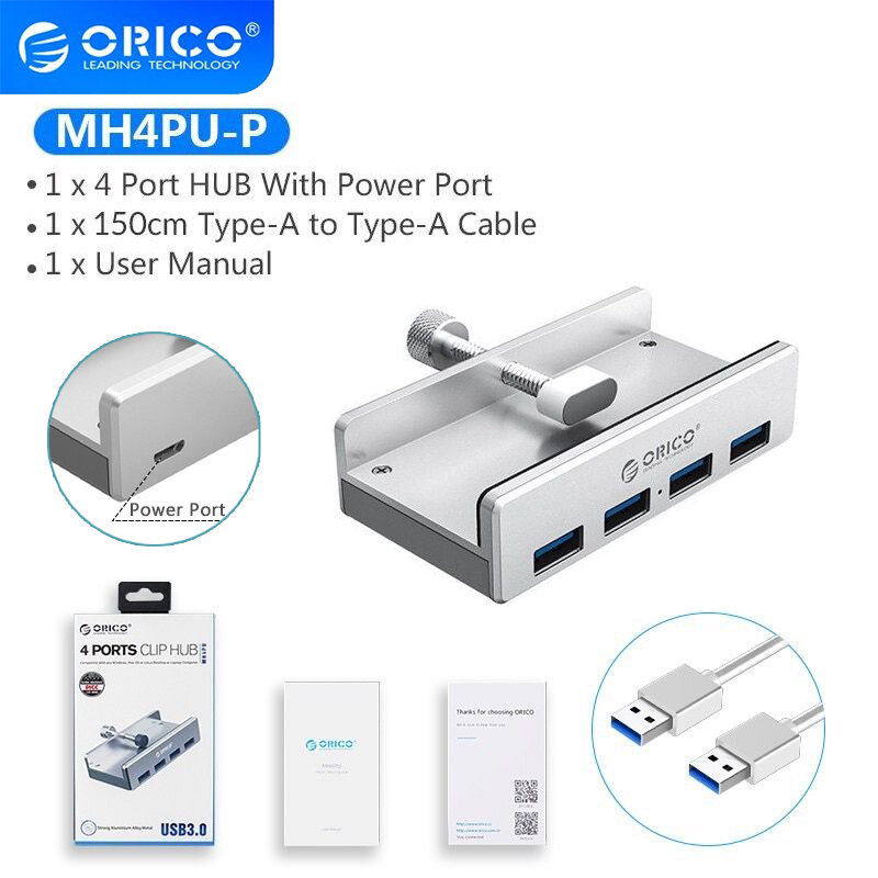 ORICO – MH4PU HUB 4 USB 3.0 avec alimentation, extension très rapide, transmission de données, 5GBPS, adapté aux accessoires pour ordinateur portable