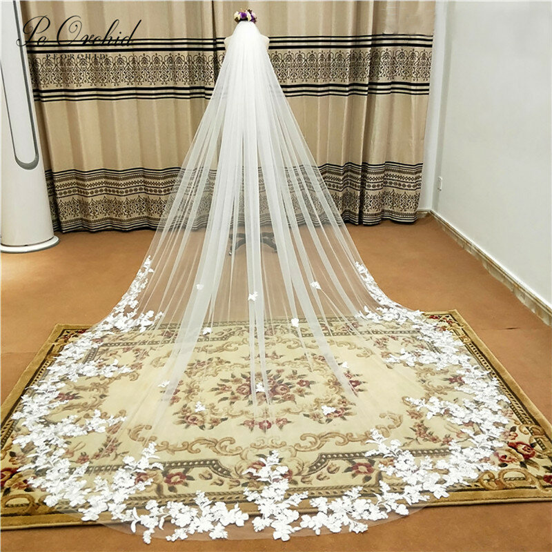 PEORCHID-velo de novia largo con borde de encaje, velo de boda con peine, 3 metros, blanco, marfil, elegante, accesorios de boda