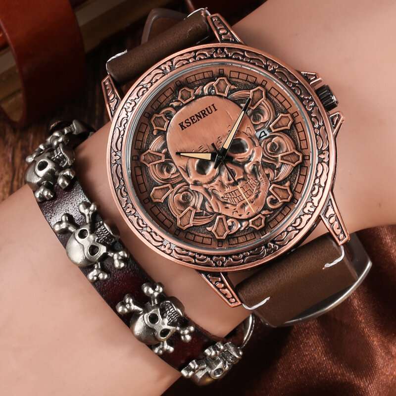 Moda 3d crânio relógios masculinos topo da marca de luxo do vintage casual quartzo relógios de pulso pulseira definir data relógios relogio masculino
