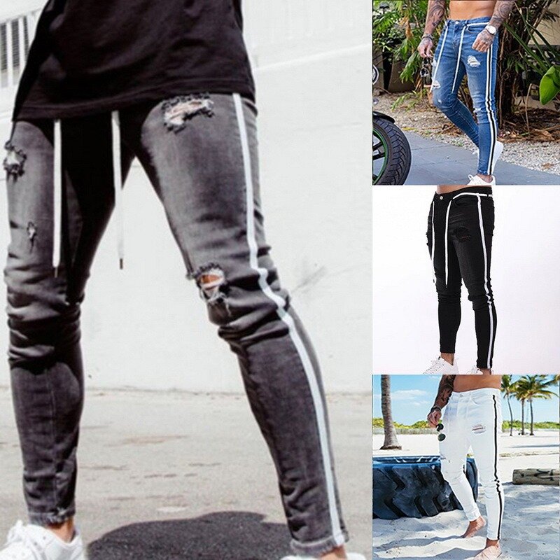 Men's Skinny Jeans Hole Ripped  Fashion Jeans Slim Big Size The Side Stripe White Jeans Jeans Skinny Stretch Pants 2021