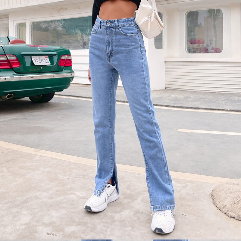 JYSS – jean droit bleu clair pour femme, pantalon à la mode, taille haute, fendu, 30716