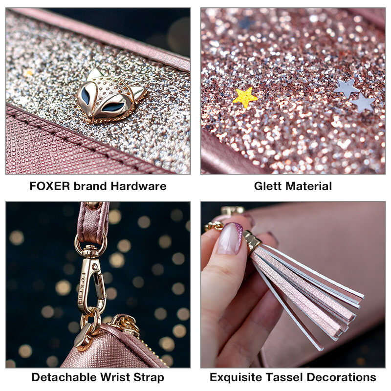 Foxer Damen Glitter Split Leder lange Brieftasche mit Armband Luxus weibliche Geldbörse Damen Clutch Handy tasche stilvolle Karten halter