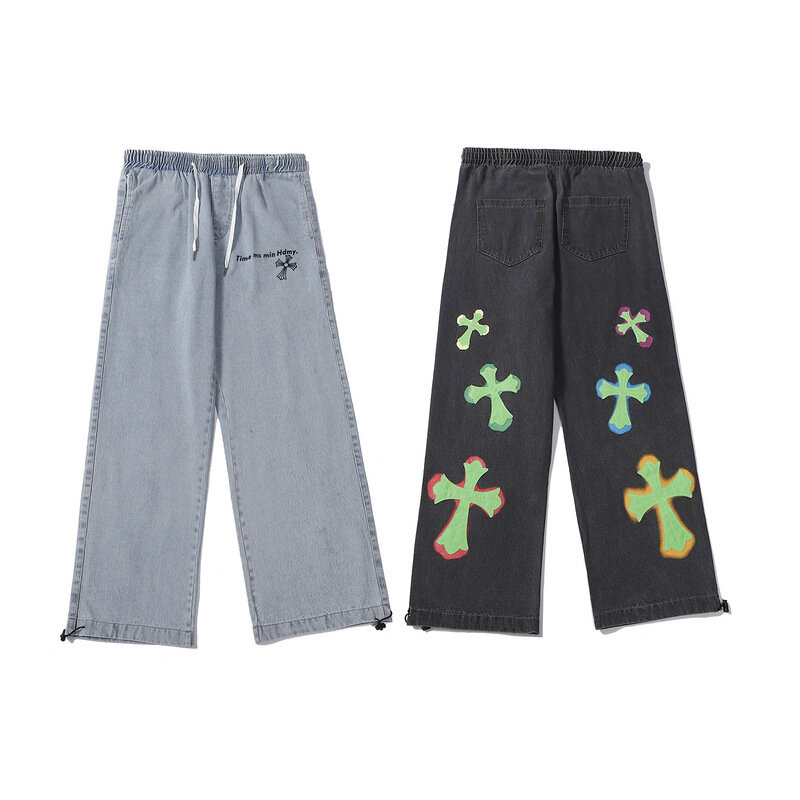 2021 krzyż Graffiti Kpop proste męskie spodnie jeansowe ponadgabarytowe ciemne spodnie w stylu Academia ubrania w stylu Vintage spodnie jeansowe Pantaloni Uomo