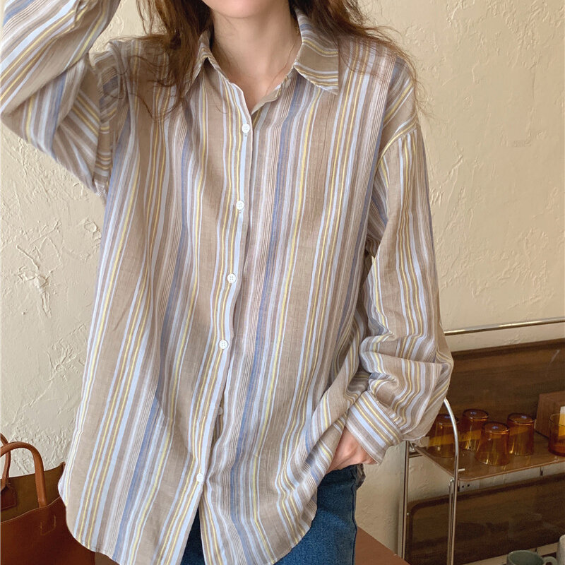 2021 outono escritório camisas femininas listra cor costura turn-down collar single-breasted manga comprida blusa casual topos