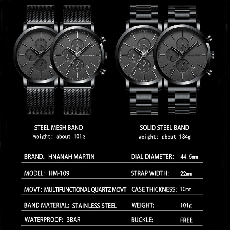 Reloj de pulsera de cuarzo para hombre, cronógrafo de alta calidad, marca superior, resistente al agua, informal, de acero negro, con calendario, 2020
