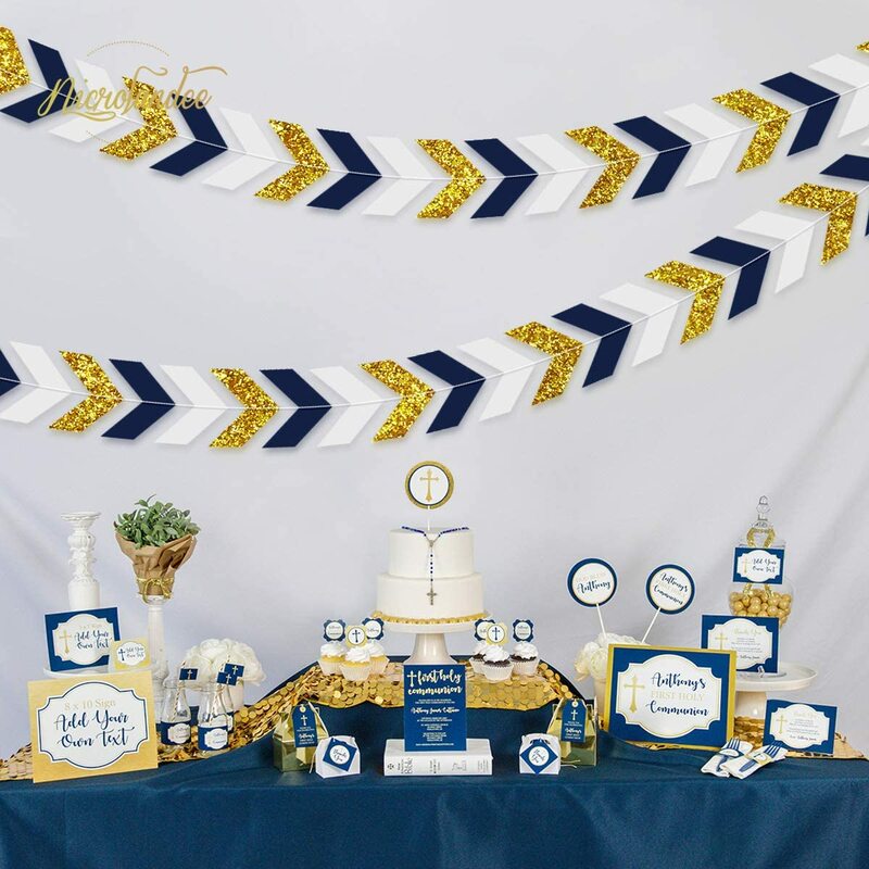 Decorações de festa náuticas azul marinho papel seta bandeira guirlanda ouro brilho chevron design festa tribal
