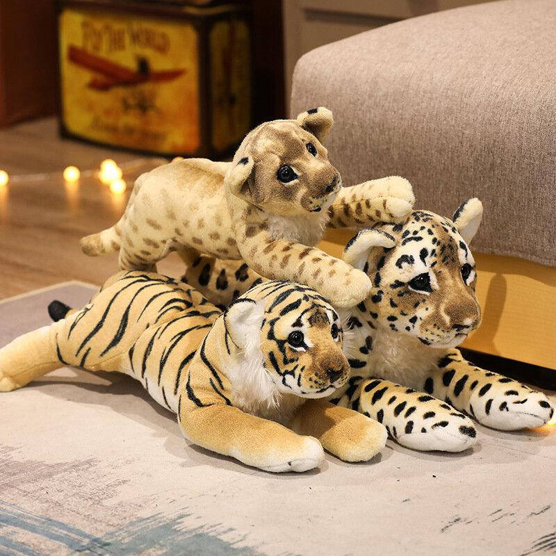 Simulação Leão, tigre, leopardo, brinquedos de pelúcia, decoração do lar, animais fofos de pelúcia, bonecas macias, travesseiro real para crianças, presente para meninos, 39 cm-58cm