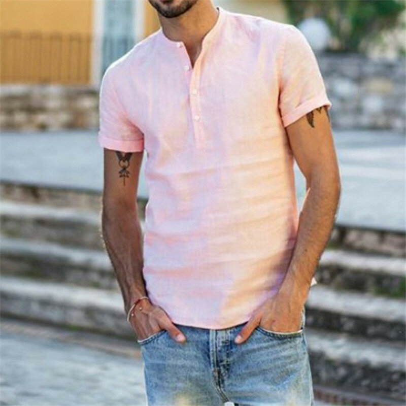 Men's Casual Blouse Cotton Linen Shirt short Sleeve Summer Button-Down Shirts For Men 2021 drop shipping