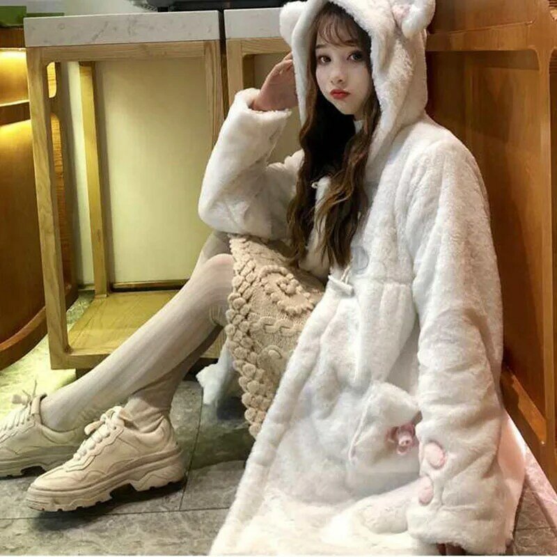 Dulce y femenino abrigos Lolita mujeres japonés invierno Kawaii prendas de vestir caliente suave de peluche de felpa adorable caricatura animé orejas de gato con capucha chaquetas nuevo